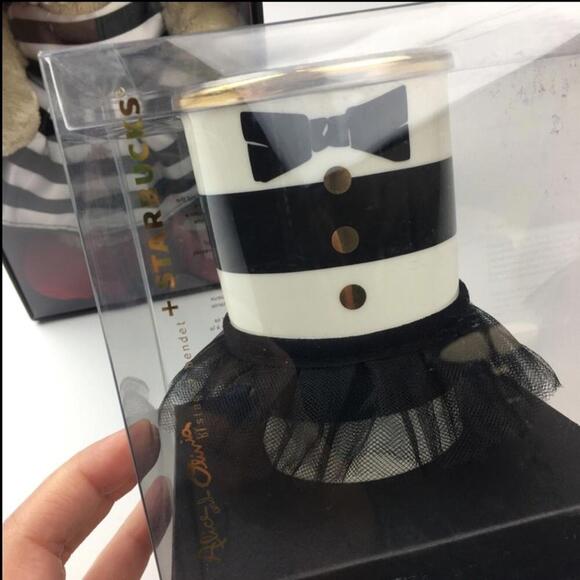 NEW Alice + Olivia x Starbucks Black White Stripe Ceramic Tumbler Teddy Bear NIB